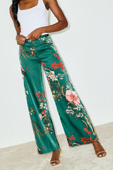 Thriving Vibes Green Floral Print Satin Wide-Leg Pants