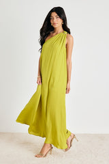 Goddess Aura Chartreuse Satin One-Shoulder Maxi Dress
