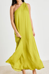 Goddess Aura Chartreuse Satin One-Shoulder Maxi Dress