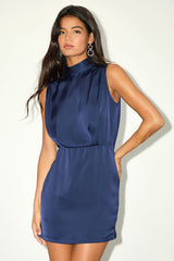 Classic Elegance Navy Satin Sleeveless Mock Neck Mini Dress