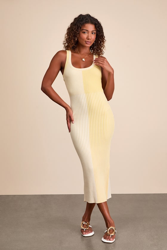 Radiant Personality Yellow Color Block Ribbed Knit Midi Dress