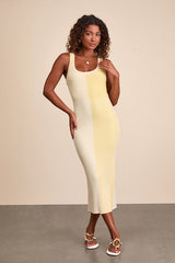 Radiant Personality Yellow Color Block Ribbed Knit Midi Dress