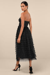 Immensely Exquisite Black Tulle Strapless Tiered Midi Dress