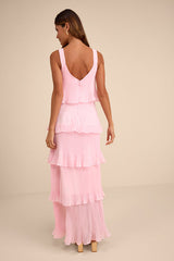 Elegant Nature Blush Pink Pleated Sleeveless Tiered Maxi Dress