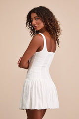 Khamari White Textured Drop Waist Bubble-Hem Mini Dress