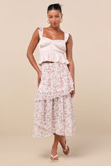 Rosen White Multi Floral Tiered Midi Skirt