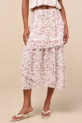 Rosen White Multi Floral Tiered Midi Skirt