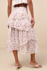 Rosen White Multi Floral Tiered Midi Skirt