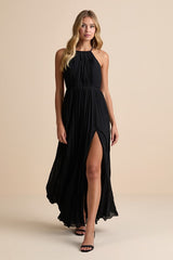 Rylie Black Pleated Backless Maxi Dress