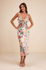 Clelia Ivory Multi Floral Satin Ruffled Tie-Strap Midi Dress