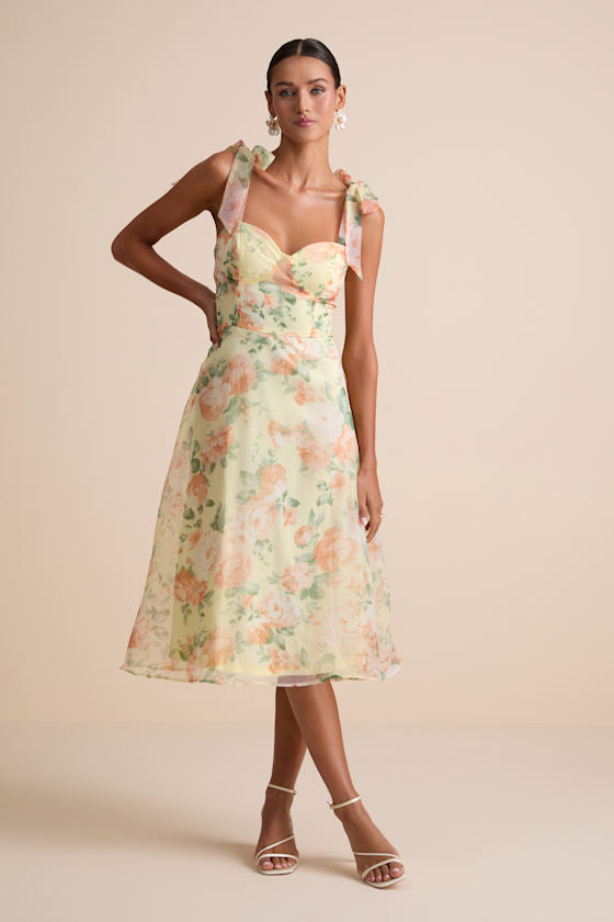 Olesya Light Yellow Floral Tie-Strap Midi Dress