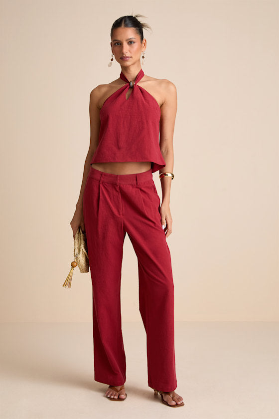 Vivian Rust Red Mid-Rise Straight Leg Trouser Pants