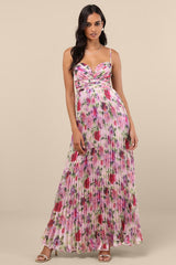 Samika Pink Multi Floral Satin Pleated Maxi Dress