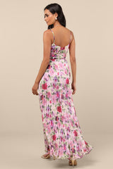 Samika Pink Multi Floral Satin Pleated Maxi Dress