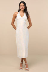 Meara Ivory and Blue Polka Dot Halter Midi Dress