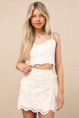 Kamilla Cream Eyelet Embroidered Mini Wrap Skirt