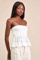 Ahura White Eyelet Embroidered Peplum Strapless Top