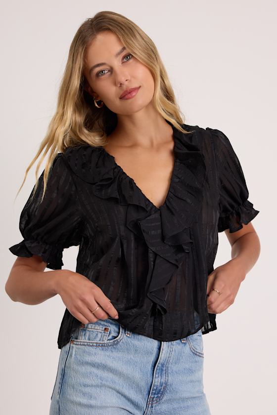 Dania Black Striped Ruffled Short Sleeve Top