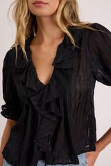 Dania Black Striped Ruffled Short Sleeve Top