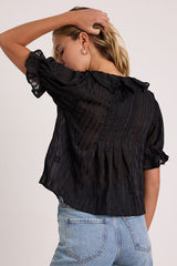 Dania Black Striped Ruffled Short Sleeve Top
