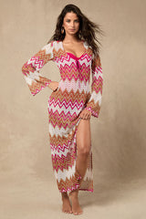 Virelle Pink and Tan Multi Chevron Crochet Maxi Swim Cover-Up