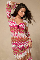 Virelle Pink and Tan Multi Chevron Crochet Maxi Swim Cover-Up
