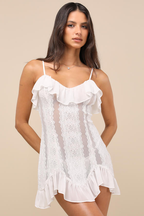 Trinity White Sheer Lace Ruffled Lingerie Slip