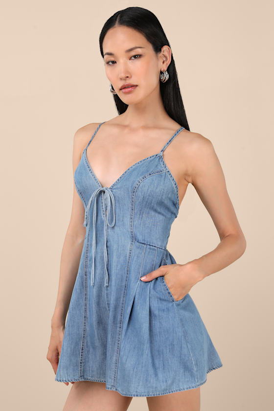Everyn Blue Chambray Backless A-Line Romper