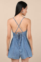 Everyn Blue Chambray Backless A-Line Romper