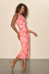 Elyra Orange Abstract Mesh Ruched Crew Neck Midi Dress