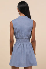 Jaliyah Blue Collared Button-Front Mini Dress