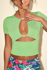 Lunaria Green Ribbed Cutout Short Sleeve Crop Top