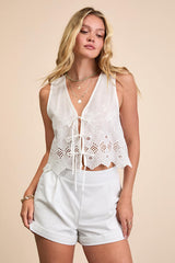 Linnea White Eyelet Embroidered Tie-Front Top