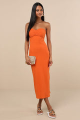 Basilia Orange Ribbed Strapless Midi Dress