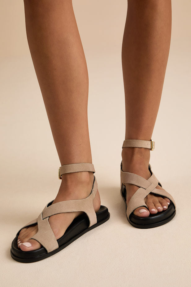 Fritz Beige Suede Leather Strappy Flat Sandals