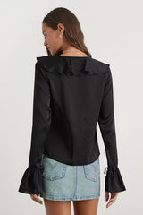Tanisha Black Satin Ruffled Tie-Front Long Sleeve Top