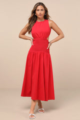 Melina Red Backless Drop Waist Midi Dress