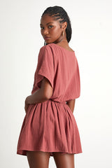Aevorn Rusty Rose Gauzy Short Sleeve Mini Dress