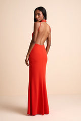Damaris Bright Orange Mock Neck Backless Maxi Dress