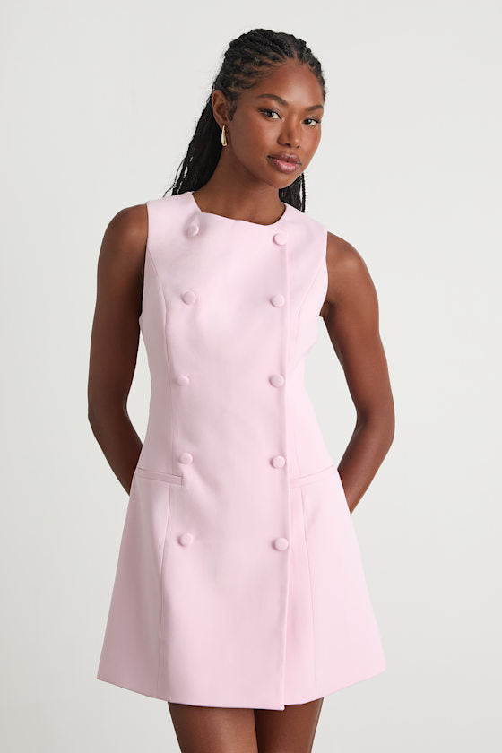 Adelie Light Pink Double Breasted Sleeveless Mini Dress