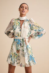 Ayame Ivory Floral Swiss Dot Balloon Sleeve Mini Dress