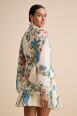 Ayame Ivory Floral Swiss Dot Balloon Sleeve Mini Dress