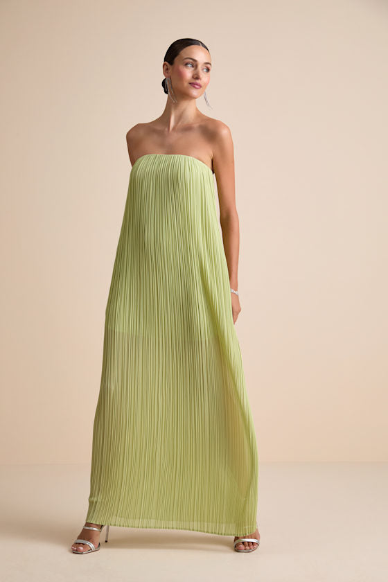 Yamuna Light Green Pleated Strapless Maxi Dress