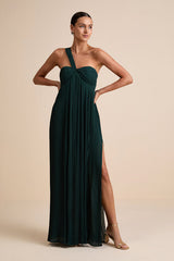 Cayton Emerald Pleated One-Shoulder Maxi Dress