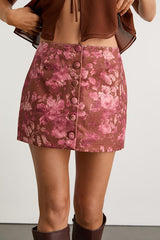 Riordan Brown and Pink Floral Button-Front Mini Skirt