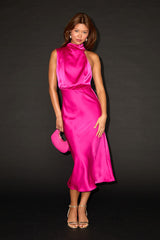 Distinctive Charm Magenta Satin Asymmetrical Midi Dress