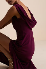 Yaneli Plum Boat Neck Cowl Back Maxi Dress