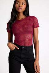 Clearly Sultry Burgundy Lace Sheer Short Sleeve Top