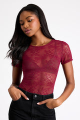 Clearly Sultry Burgundy Lace Sheer Short Sleeve Top
