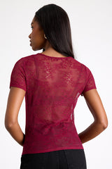 Clearly Sultry Burgundy Lace Sheer Short Sleeve Top